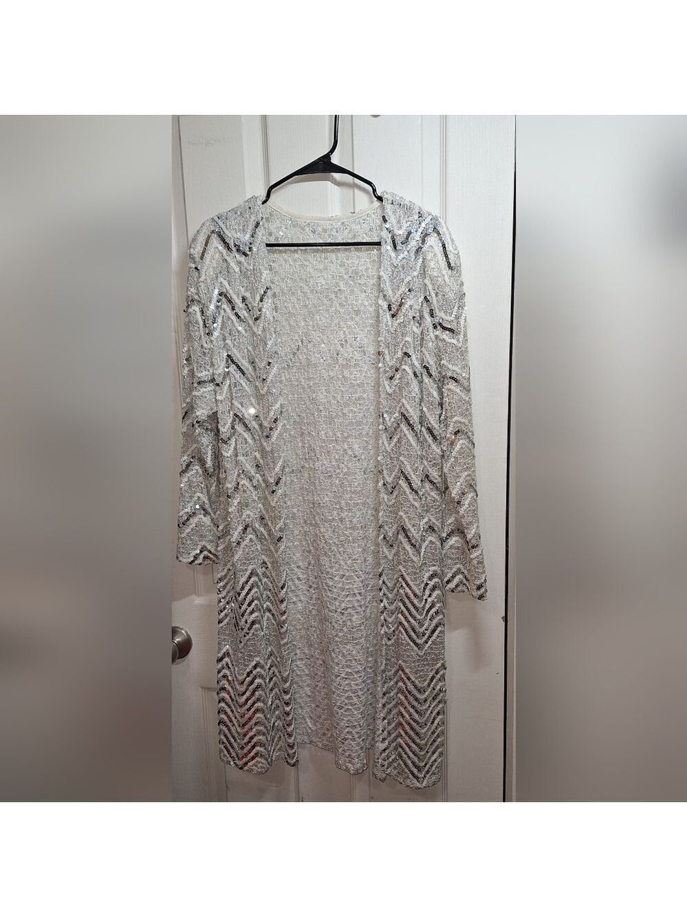 Claralara Silver White Sequins Chevron Cardigan Duster Medium Large